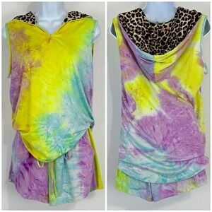 Festival Rave EDM Outfit Set Sz Small Tie Dye Multicolor Pullover Top Shorts